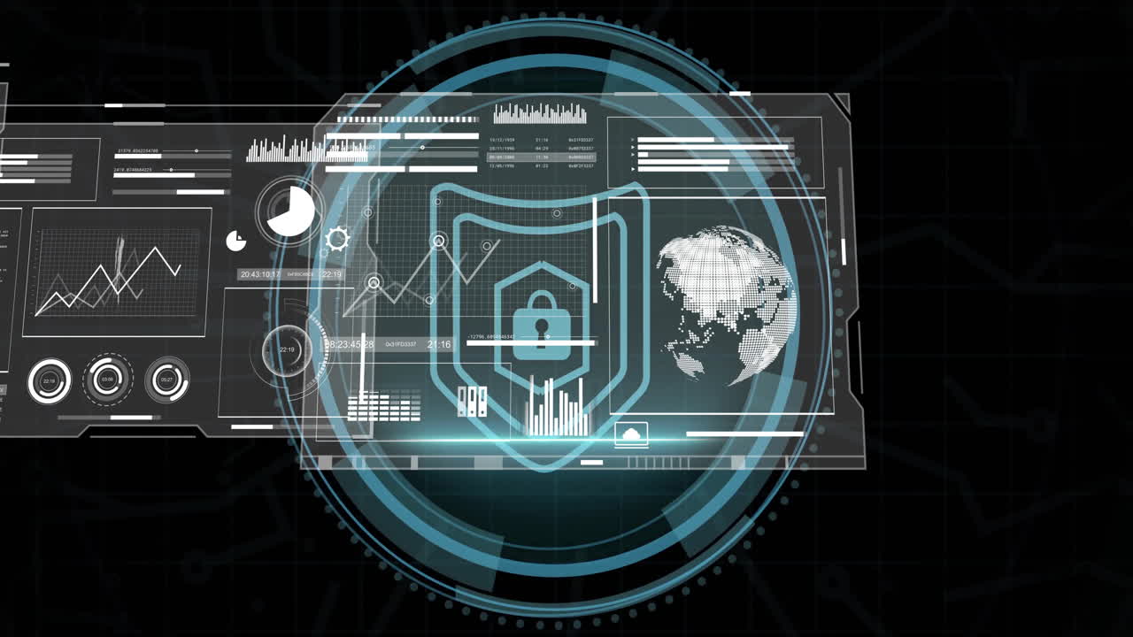 Animation of digital security interface with lock icon and global network data