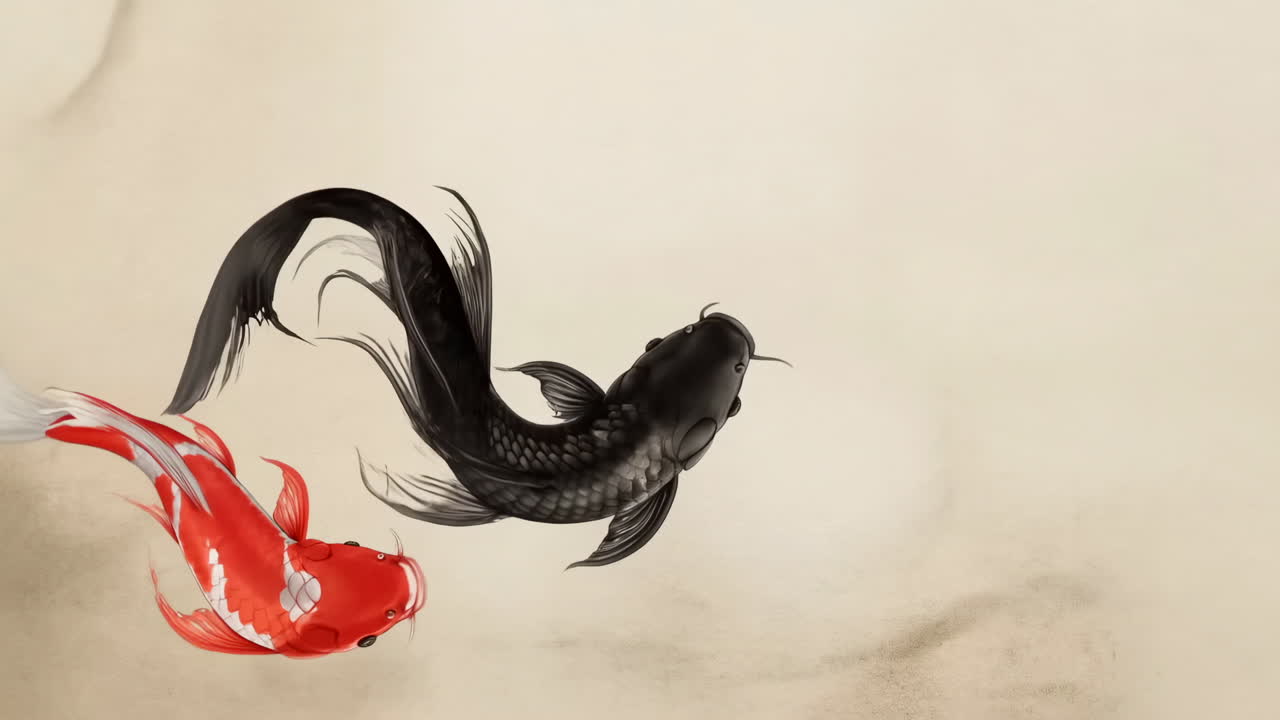 Pesci koi rossi e neri animati che nuotano in stile artistico asiatico