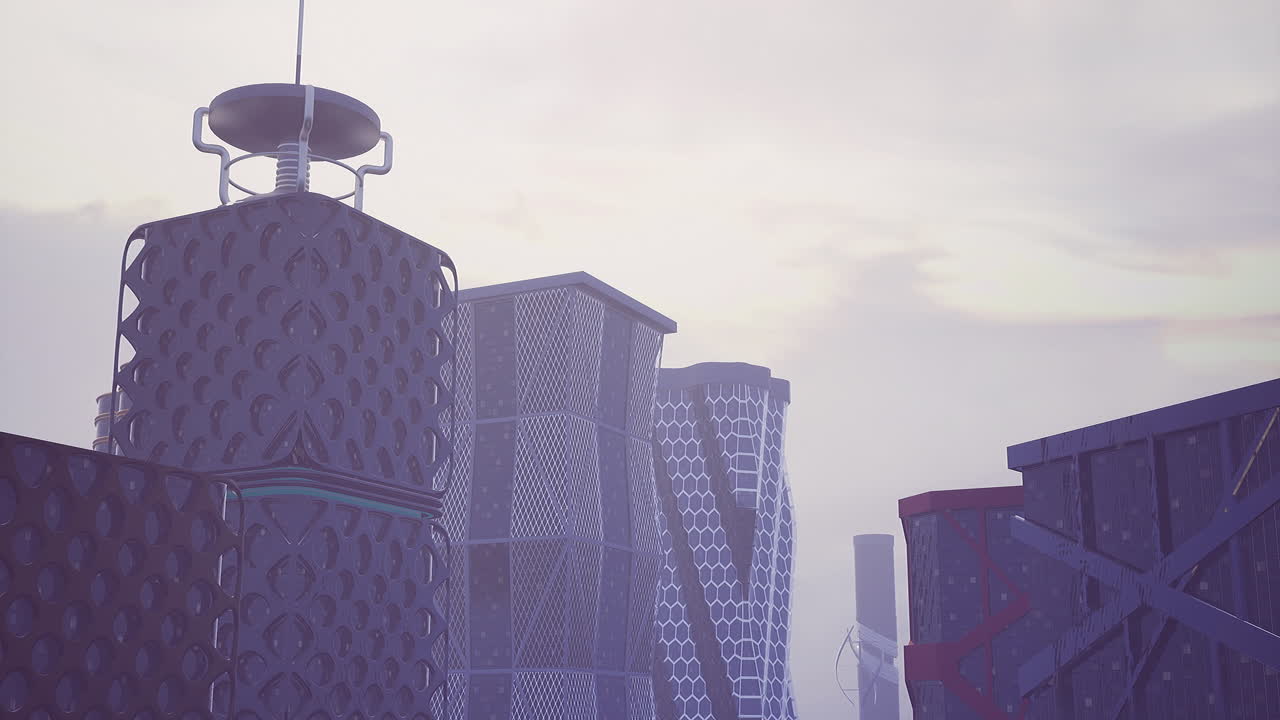 Modern architectural structures in a futuristic city skyline during twilight