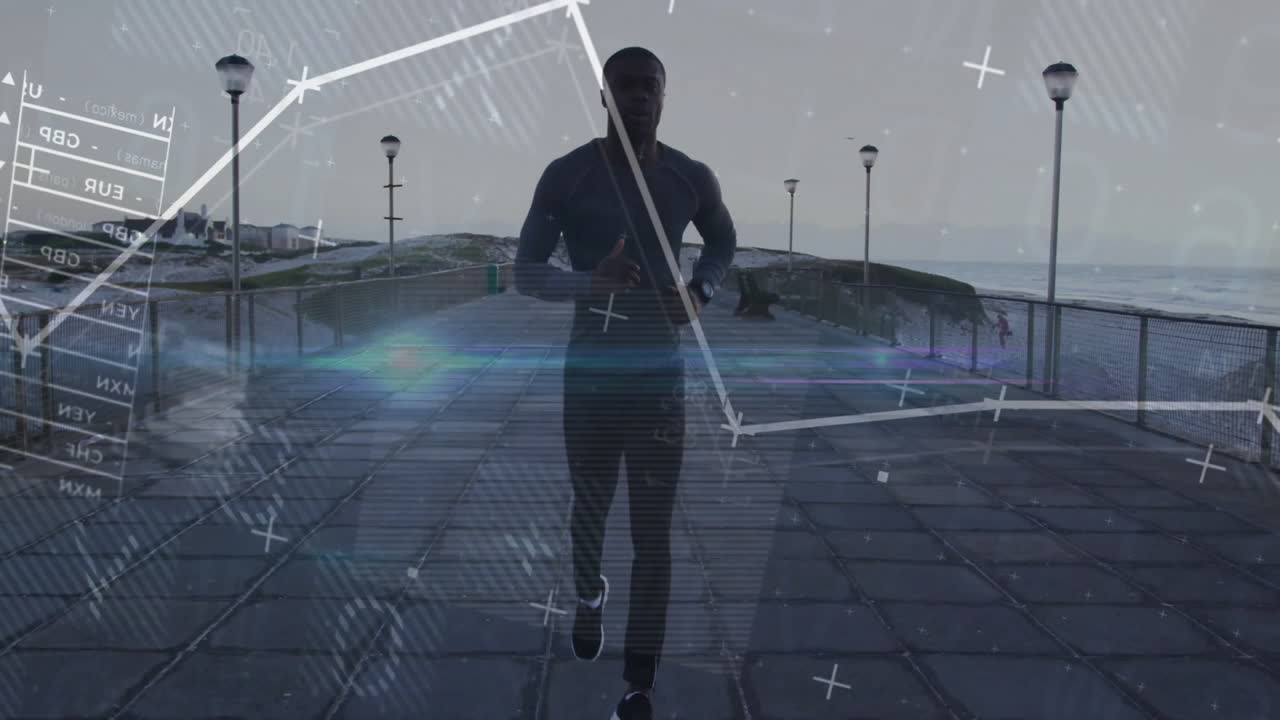 Running on paved path, man with fitness data animation overlaid