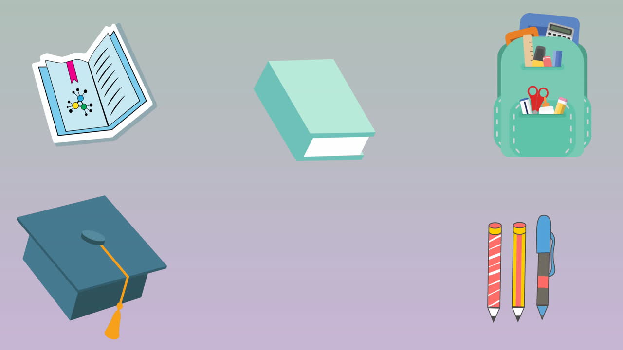 Animation of multiple school concept icons against copy space on grey gradient background