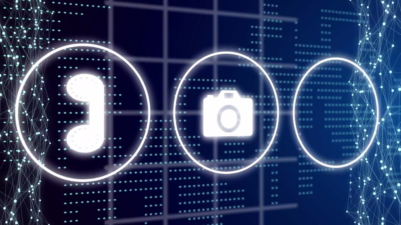 Horizontal glowing UI icon row sliding left triggered by right-edge pulse lighting up to show apps