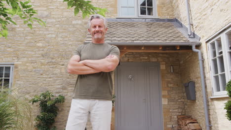 portrait of senior man standing outside front door of home