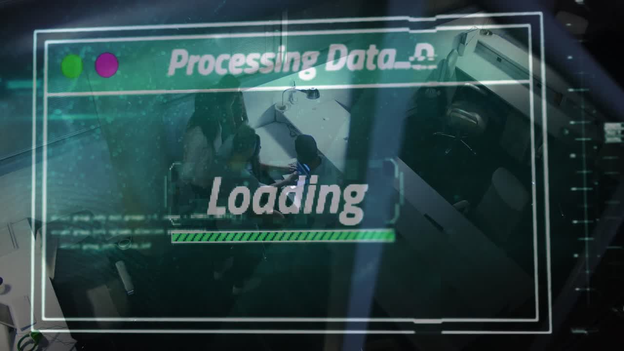 컴퓨터를 사용하여 사무실에서 비즈니스 동료에 대한 데이터 처리 애니메이션