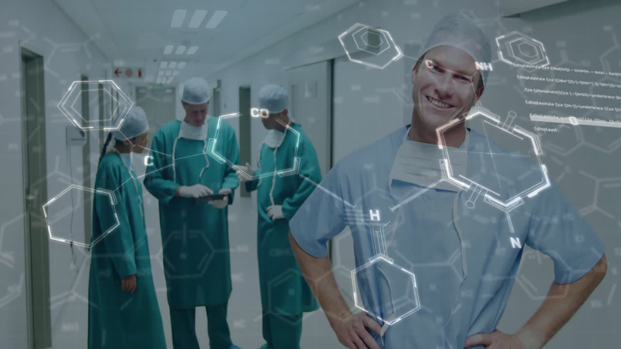 Animation of chemical formula over diverse doctork working in hospital