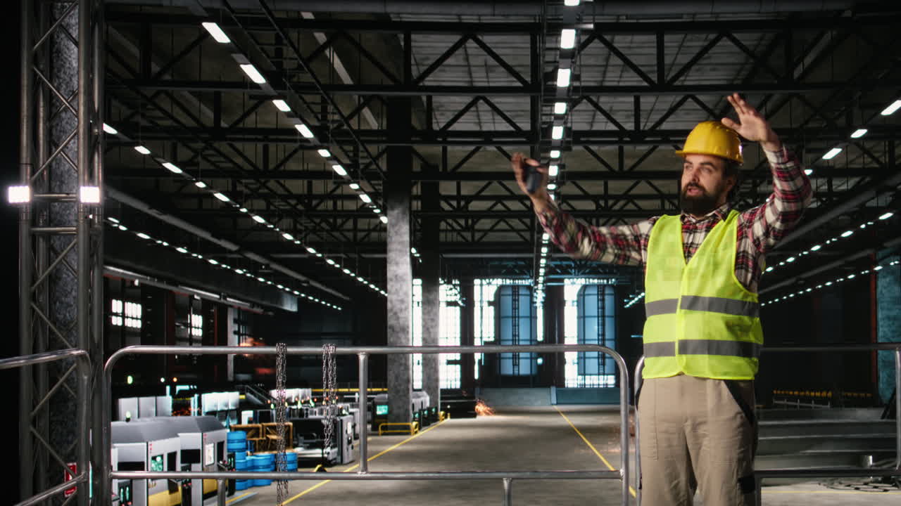 Profesional masculino coordinando operaciones industriales con un walkie-talkie