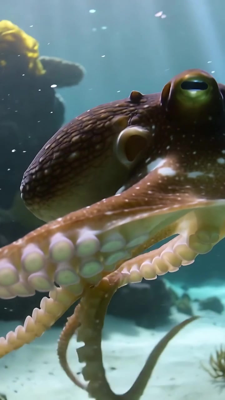 Video verticale: Telecamera che riprende un polpo marrone che si avvicina, scivolando in un acquario di alghe, mostrando le ventose.