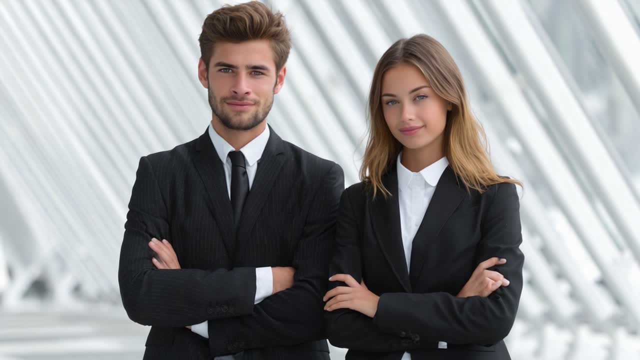A Confident Business Duo Posing in Professional Attire Against a Modern Architectural Background, Showcasing Broader Themes of Collaboration and Ambition