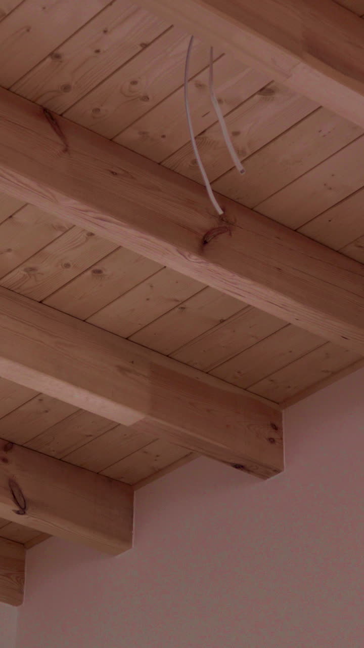 Travi in legno a vista sul soffitto e una finestra con vista sugli alberi all'esterno. Ideale per studi architettonici, progetti di interior design o immagini di ristrutturazioni domestiche.