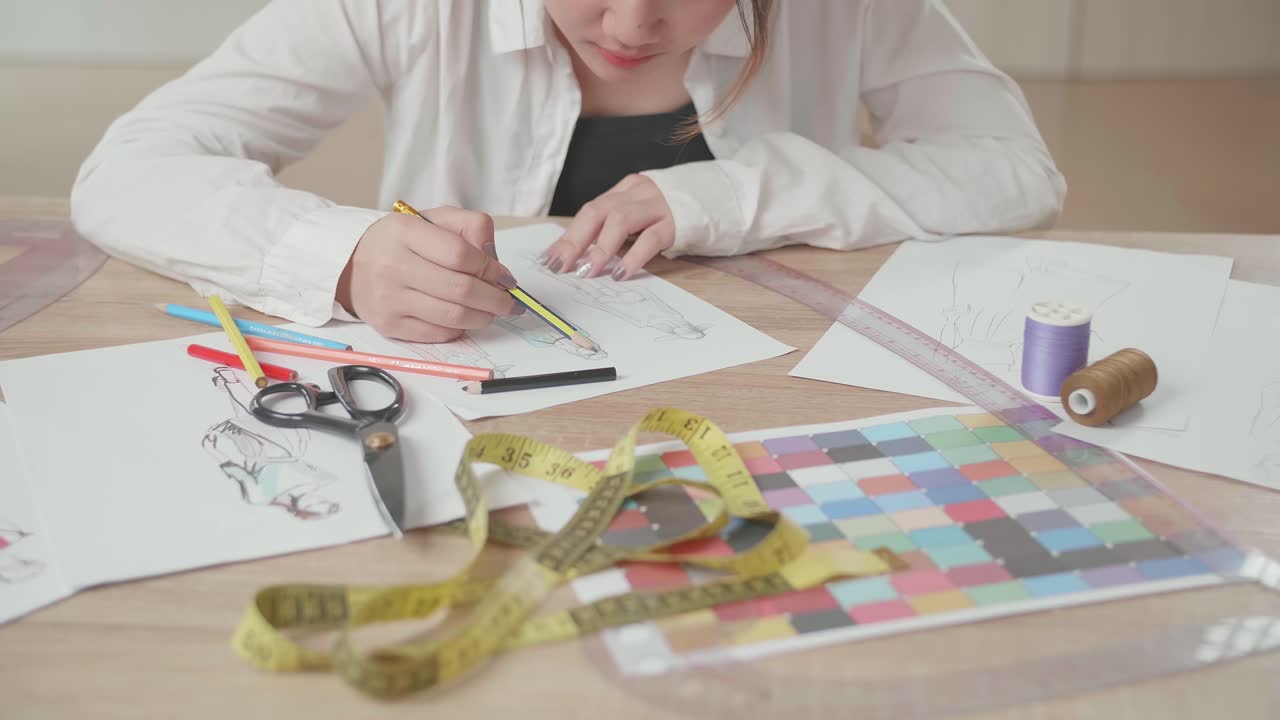 Close Up Of Female Students Or Business Owners Working On Designs In Fashion Studio
