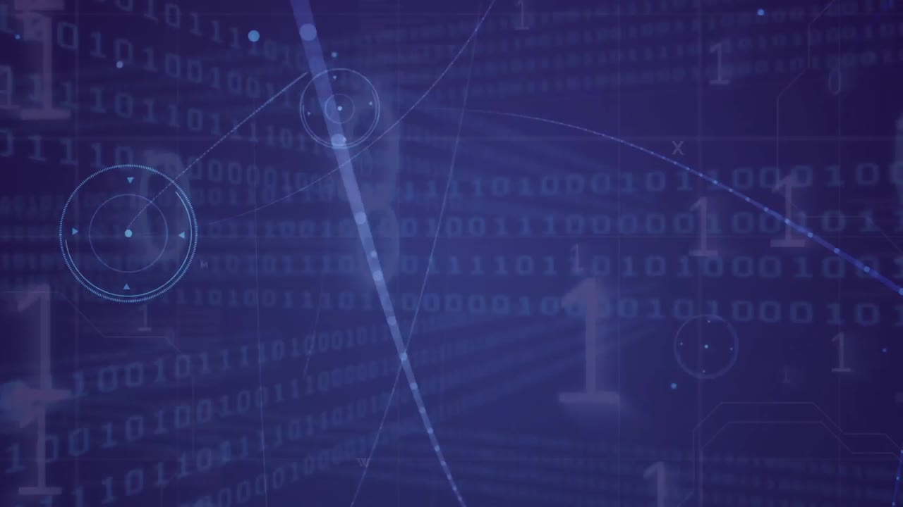 animación de la red de conexiones y procesamiento de datos de codificación binaria sobre fondo púrpura