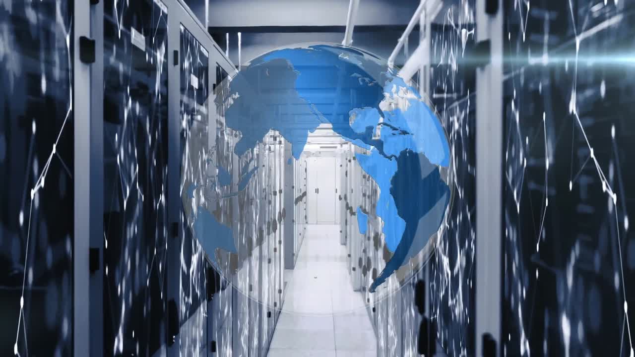 컴퓨터 서버 방에 대한 회전하는 지구, 연결 네트워크 및 빛의 점의 애니메이션