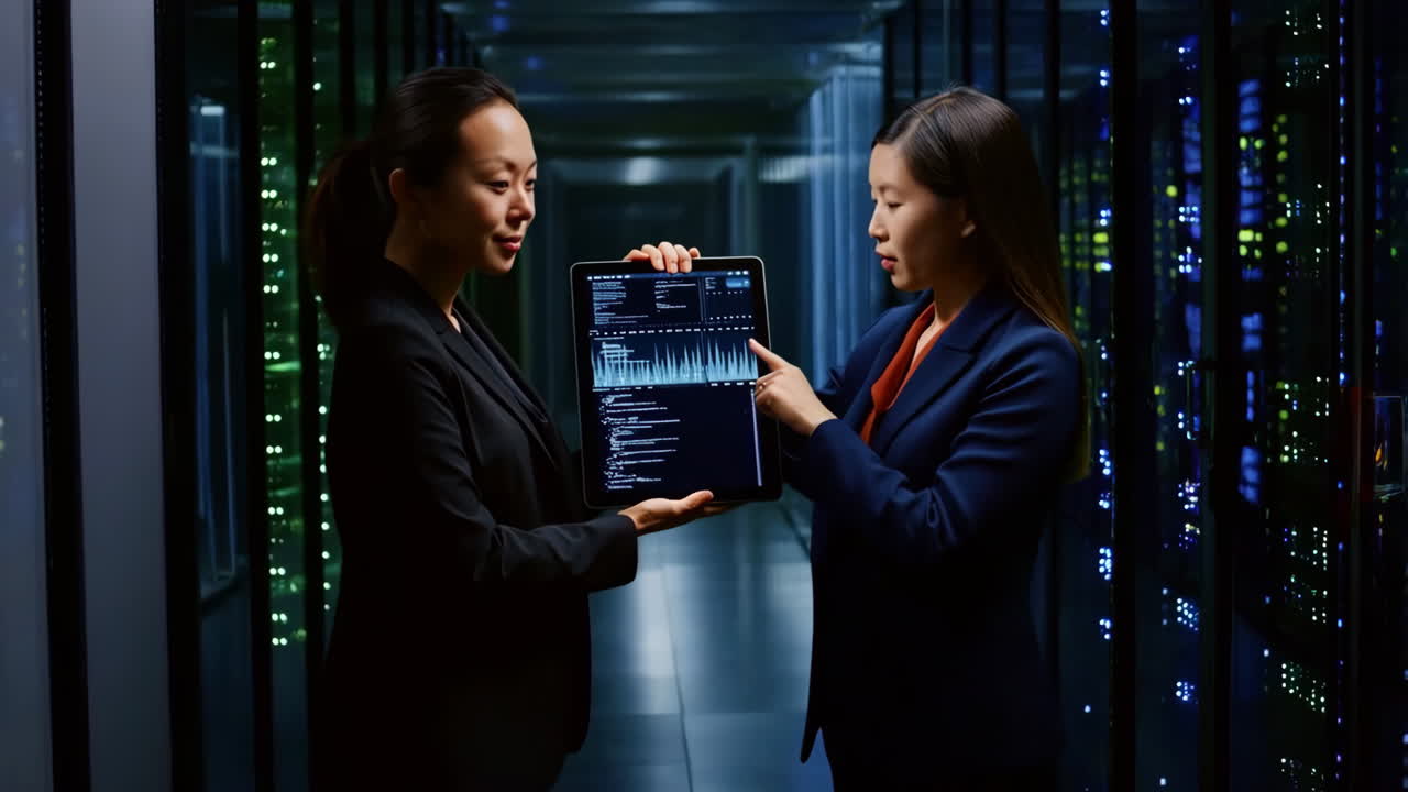 IT Professionals Collaborating on Data Analysis in a Data Center