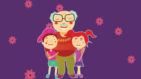 Animation-of-illustration-of-happy-grandfather-hugging-grandson-and-granddaughter,-with-pink-flowers