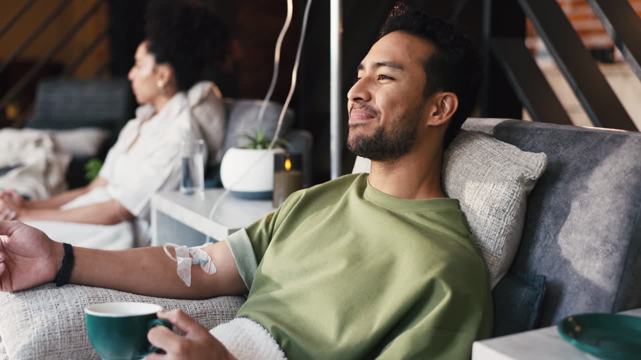 Man Relaxing and Drinking While Receiving IV Drip Treatment