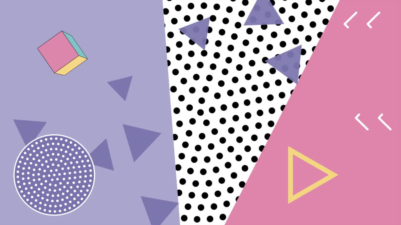 Stile Memphis con cubi, punti e motivo a zigzag