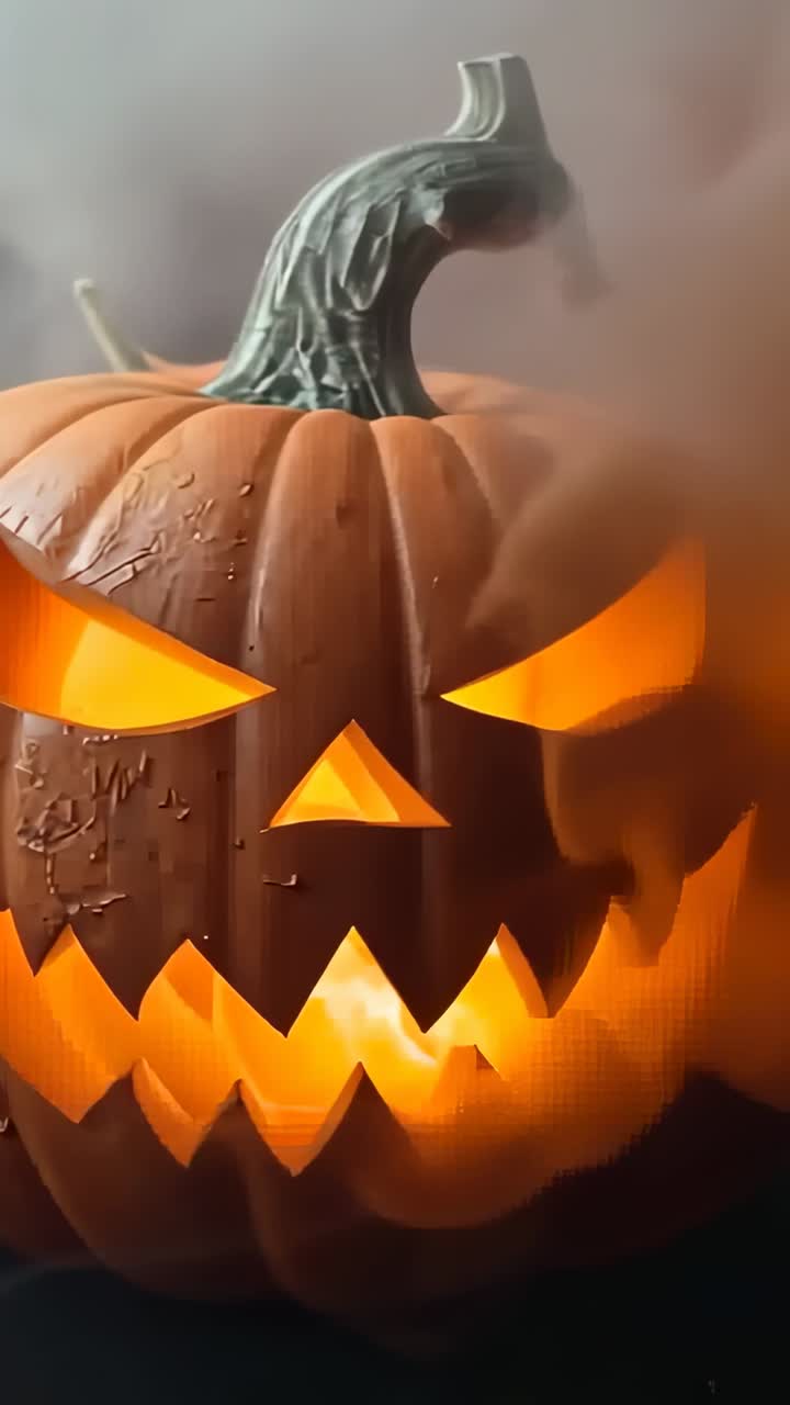 Vertical video: Camera rising revealing carved pumpkin glowing inside on tabletop, with smoky haze
