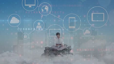 animation of caucasian software engineer using digital tablet amidst clouds with various signs