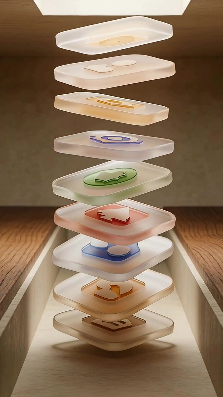 Vertical video: Hovering frosted tile stack rotating, drifting in wood display with overhead light