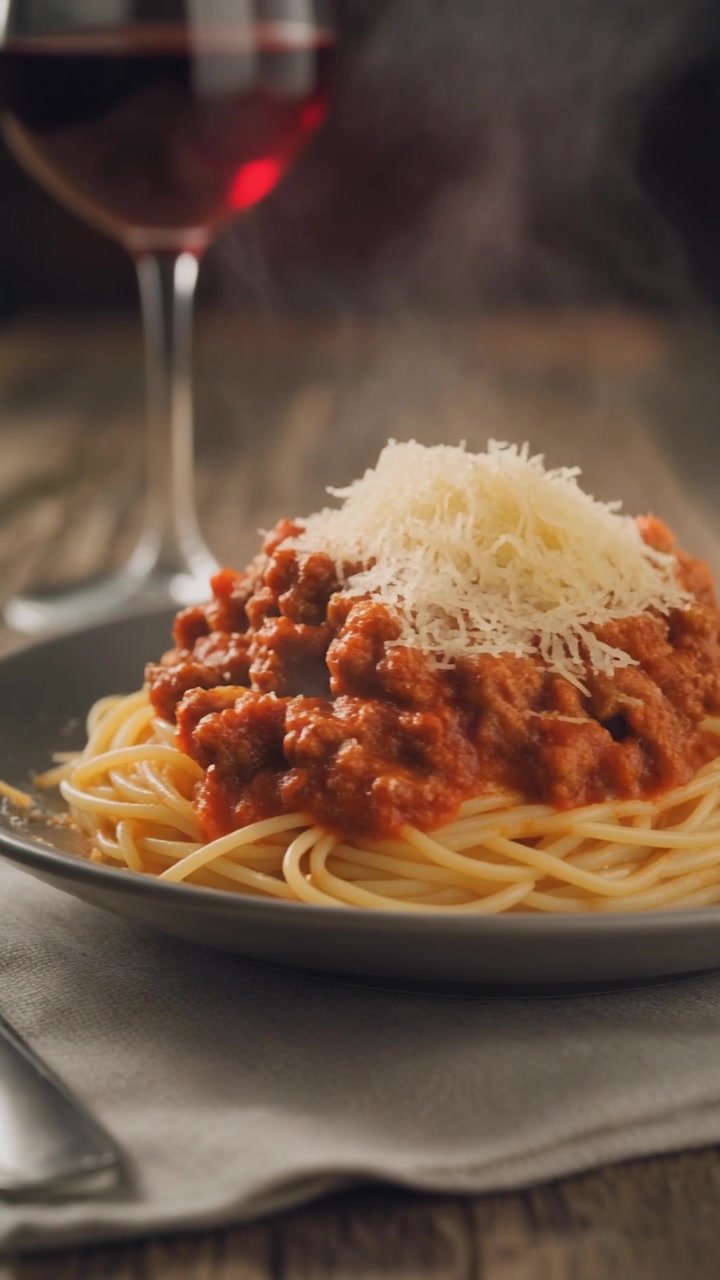 Piatto fumante di spaghetti alla bolognese con vino rosso