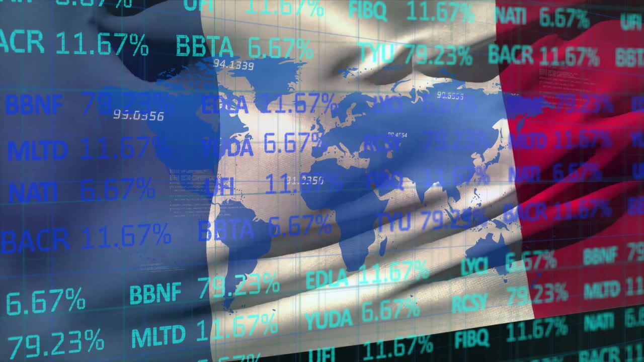 프랑스의 발과 세계 지도를 통해 금융 데이터 처리의 애니메이션