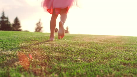 Rear view of kid&#039;s legs running on meadow