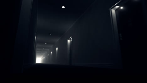 Interior-of-the-contemporary-hotel.-Loopable-render-of-the-long-hall.-Clean-modern-corridor-with-red-carpet,-white-walls-and-wooden-black-doors.-Mystery-empty-hallway.