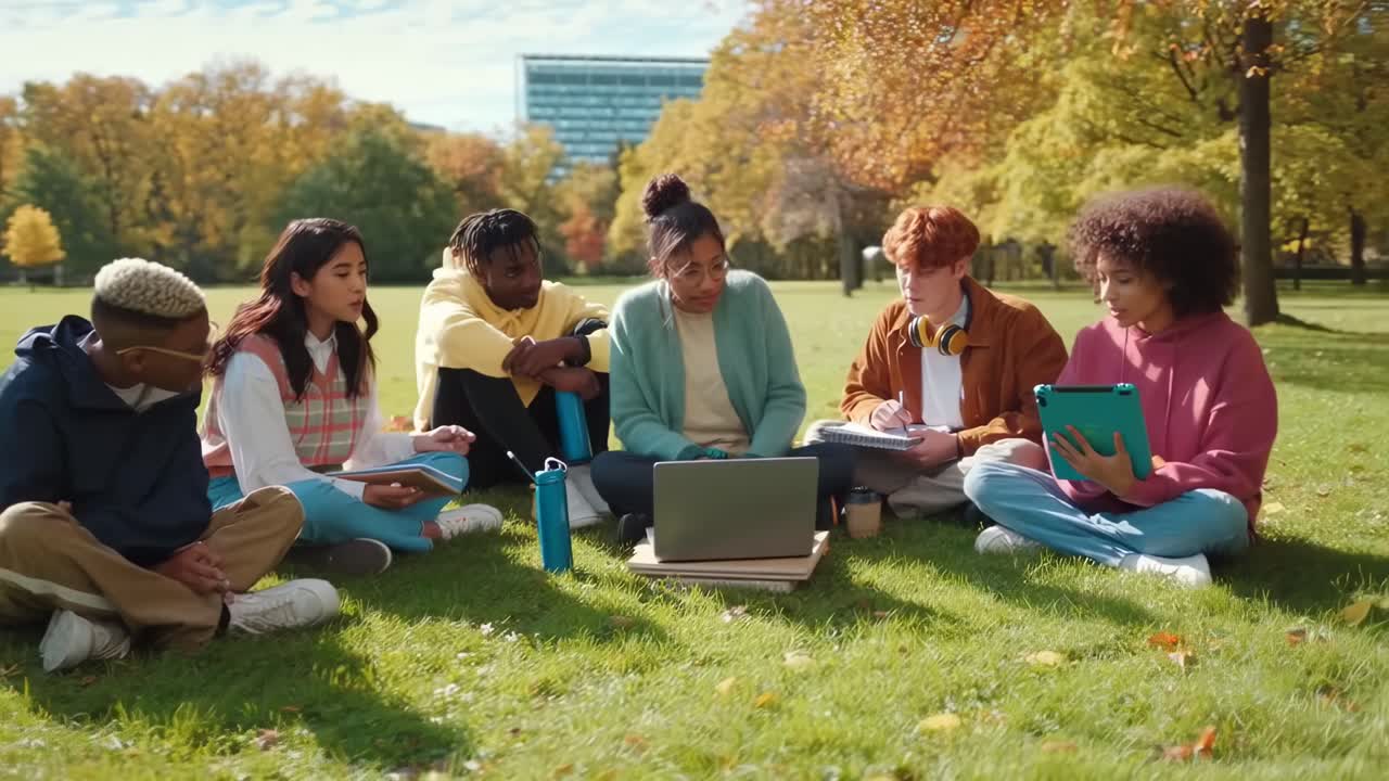 Group of students in a park, sitting in a circle, watching a video on a laptop Eye-level angle