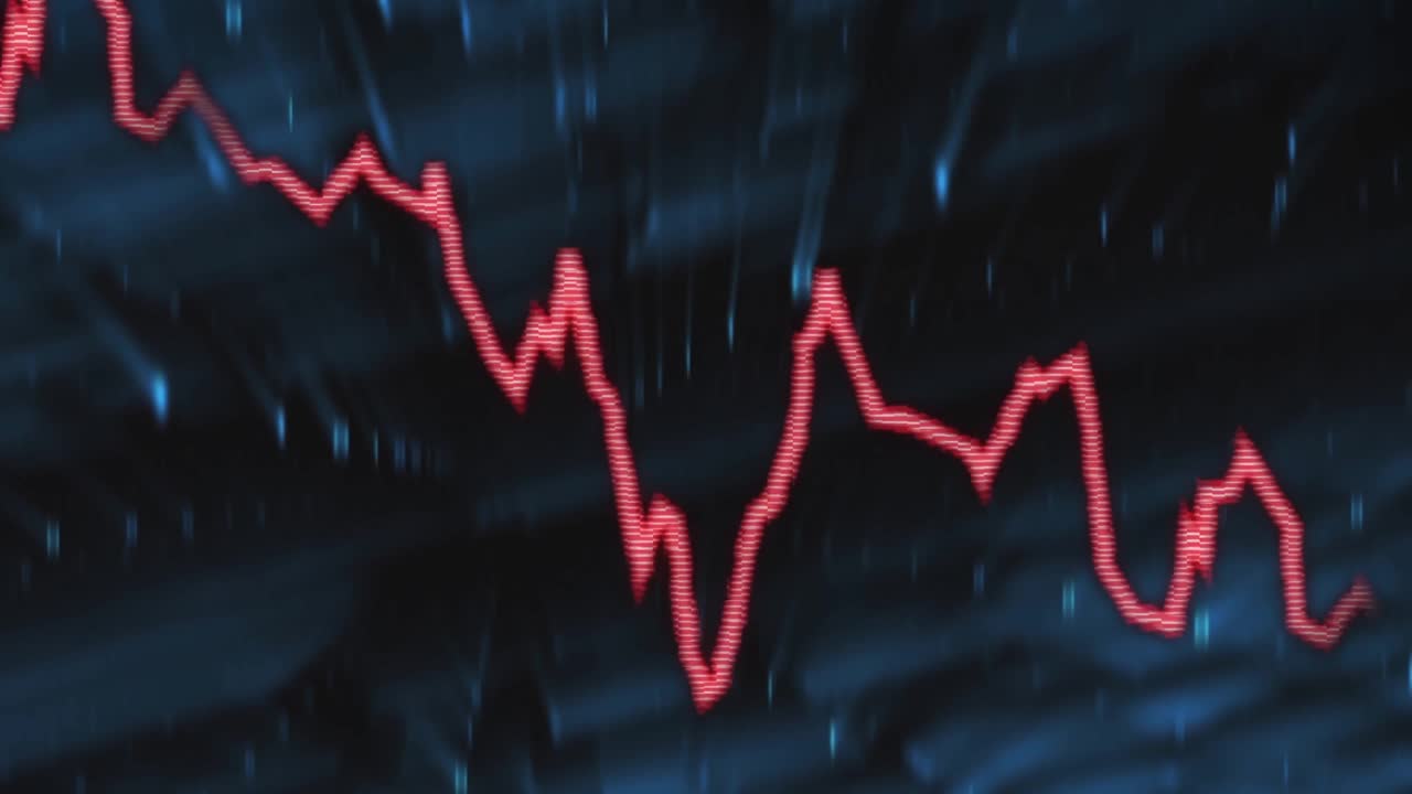 Red fluctuating graph opening against blue grid, oscillating numeric labels, tracking price trends