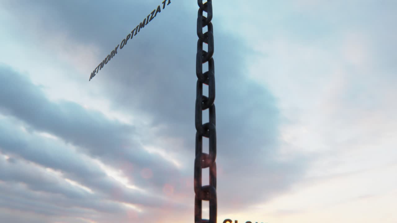 Dynamic footage of a chainand floating buzzwords, with an advancing camera moving upwards, capturing both chain and sky