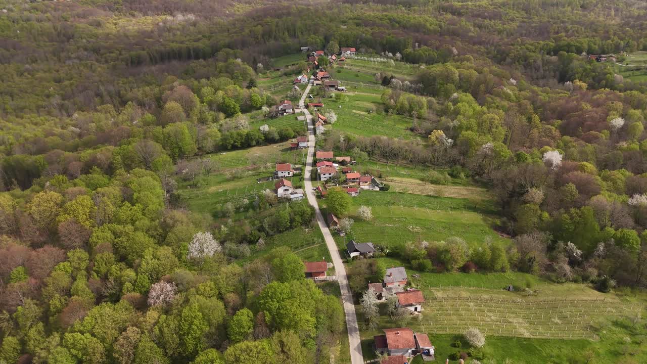Aerial view of a forested landscape and a small village in spring