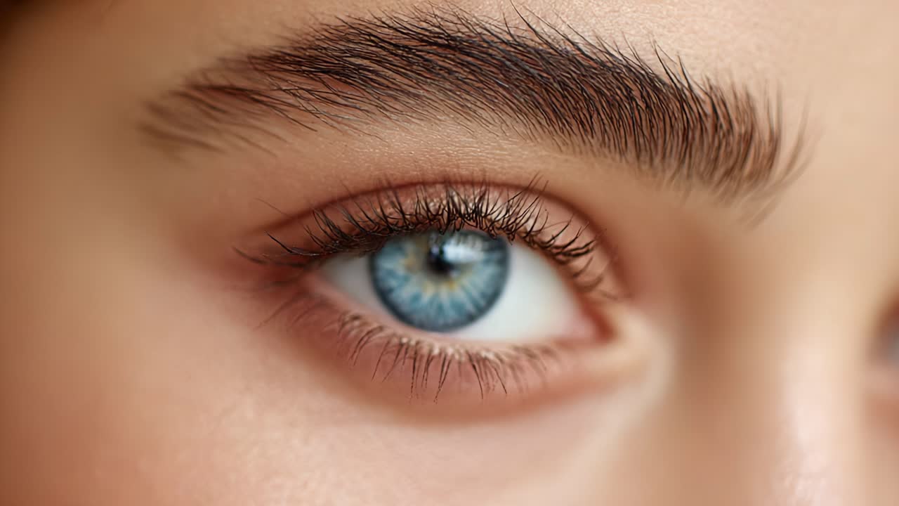Close-Up of a Beautiful Eye with Striking Blue Iris and Well-Groomed Eyebrows, Capturing the Intricate Details of Eye Texture and Natural Beauty