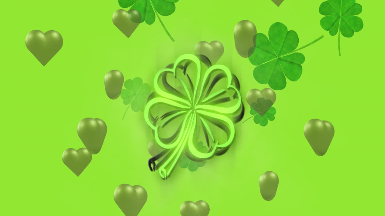 Animation of st patrick's day shamrock and green hearts on green background