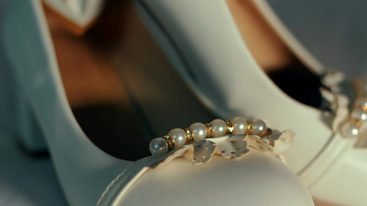 색 신부 신발의 세부적인 휴대용 클로즈업은 진주와 렌즈로 장식되어 있으며 부드러운 조명으로 장식되어 있습니다.