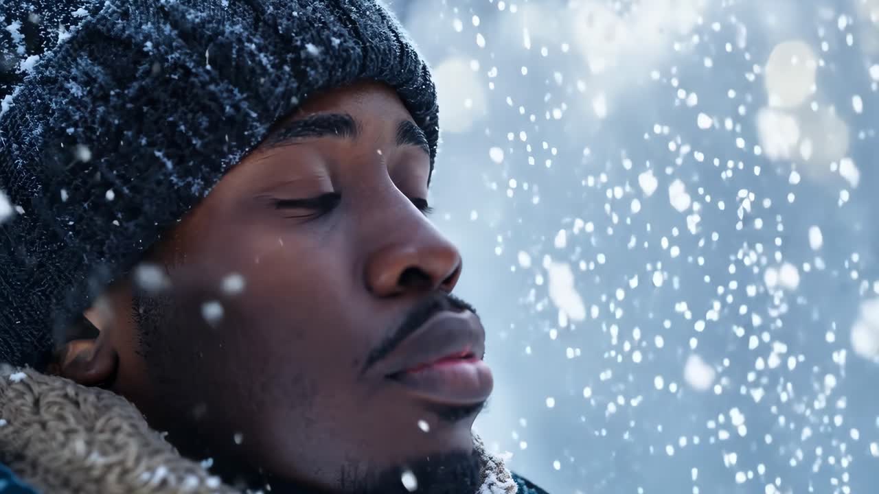 Snowflakes gently falling on peaceful black male, wearing winter clothing and experiencing serene winter moment with eyes closed, embracing tranquil beauty of snowy day