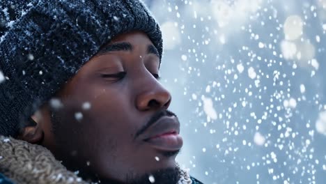 snowflakes gently falling on peaceful black male, wearing winter clothing and experiencing serene winter moment with eyes closed, embracing tranquil beauty of snowy day