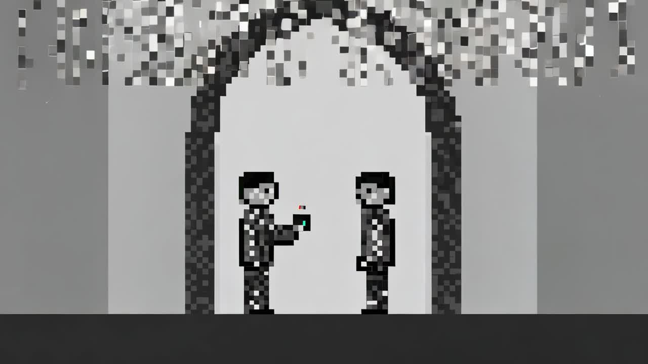 Figura pixel sinistra che offre una sfera verde, con giacche che scambiano una sfera rossa sotto un arco tra quadrati che cadono