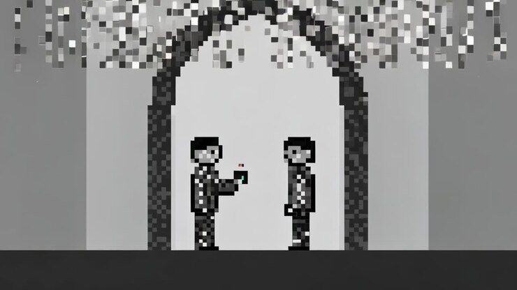 Figura pixel sinistra che offre una sfera verde, con giacche che scambiano una sfera rossa sotto un arco tra quadrati che cadono