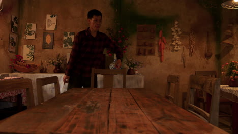 retrato de un hombre asiático bailando en una casa típica de vietnam