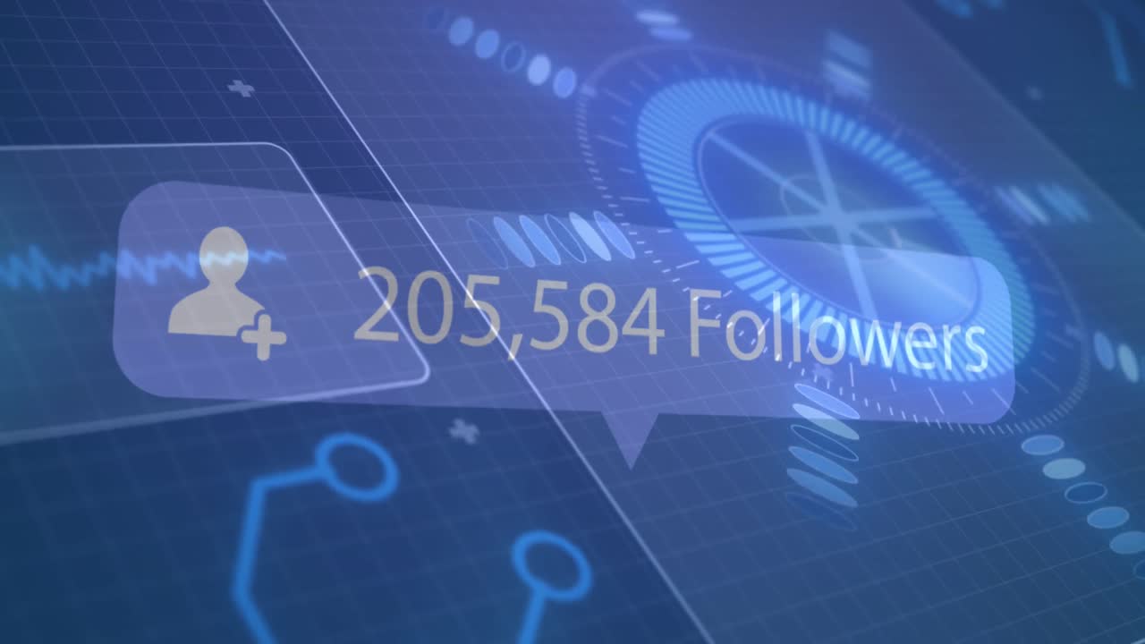 animación de la burbuja de habla con seguidores y números, escaneo de alcance en la pantalla sobre la cuadrícula