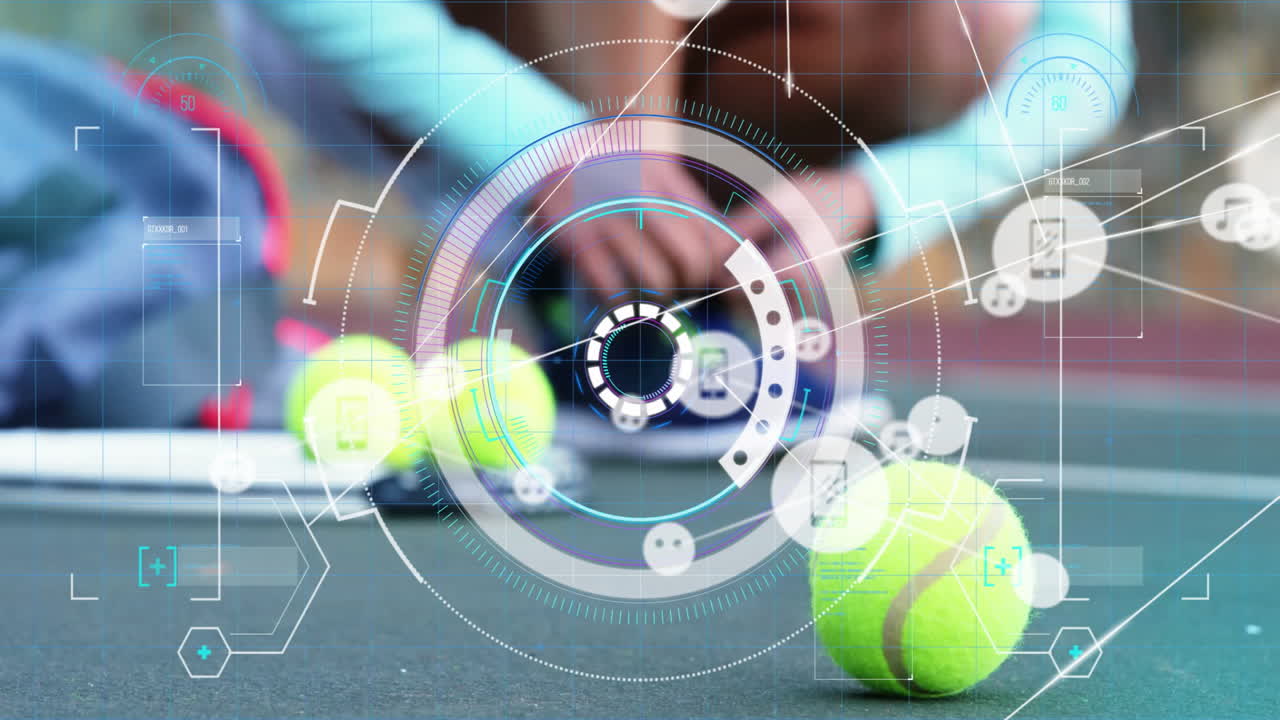 female tennis player crouching on court gathering balls with sports technology HUD displaying data
