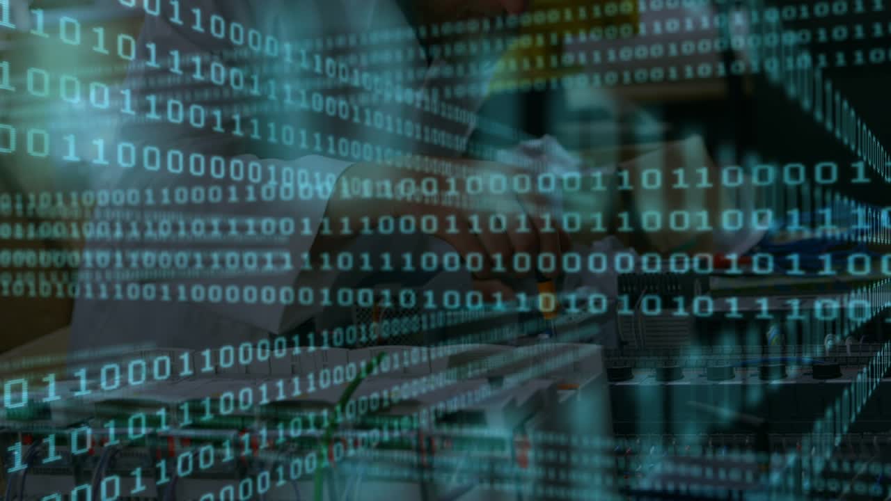Animation of data processing over caucasian man repairing in workshop