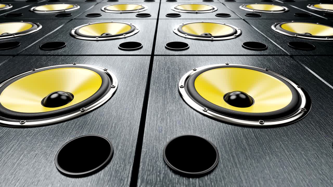 moviéndose de izquierda a derecha sobre altavoces de audio membranas amarillas tocando música moderna