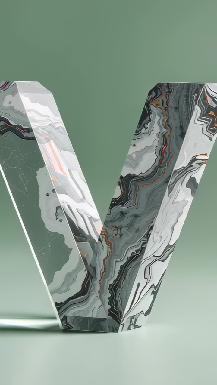 Vertical video: V-shaped sculpture starting rotation on green set, revealing white face and veins