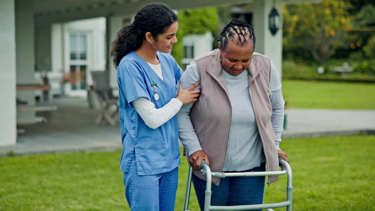 Senior care, old woman with walker