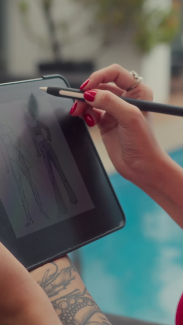 Vertical de turista dibujando en una tablet junto a la piscina en un resort