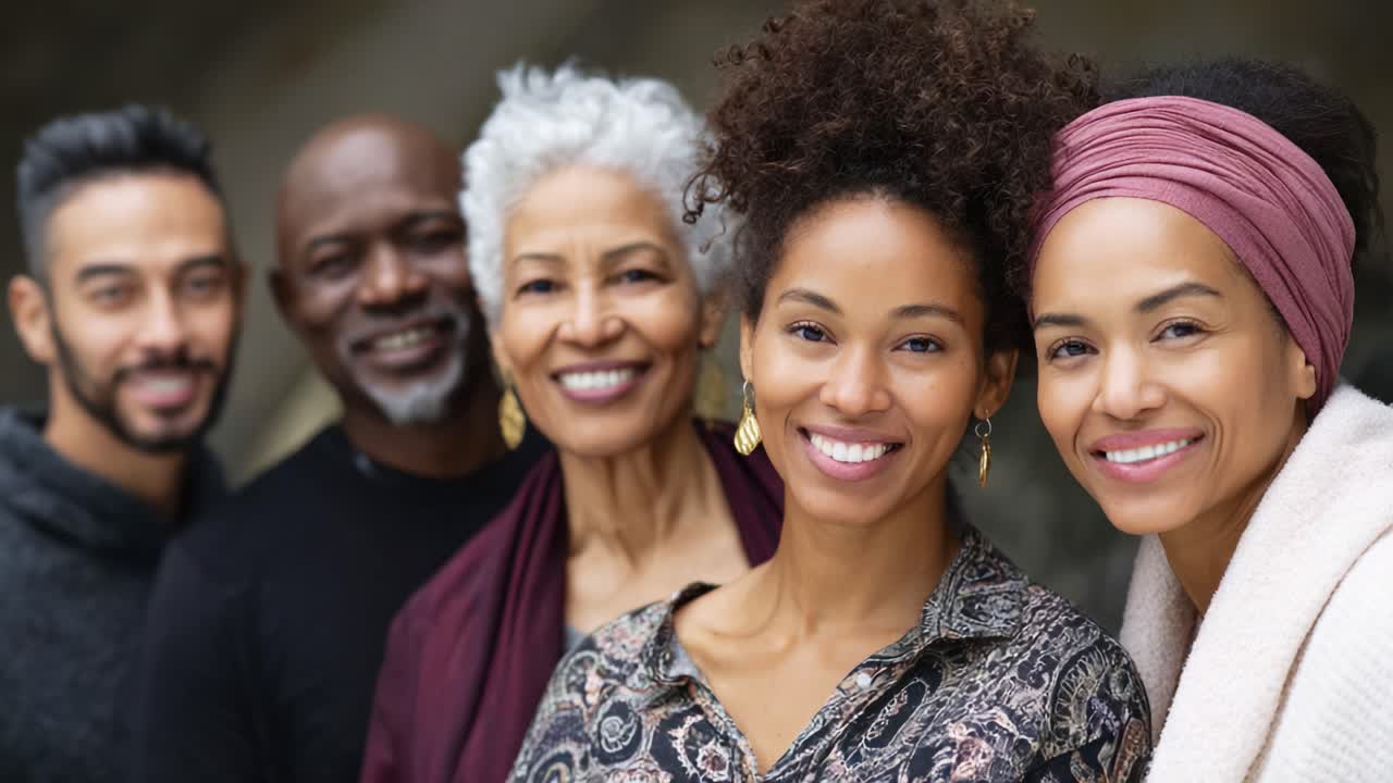 Joyful Moments: A Group of Five Diverse Adults Sharing Genuine Smiles and Warmth, Celebrating Togetherness and Connection in a Natural Setting