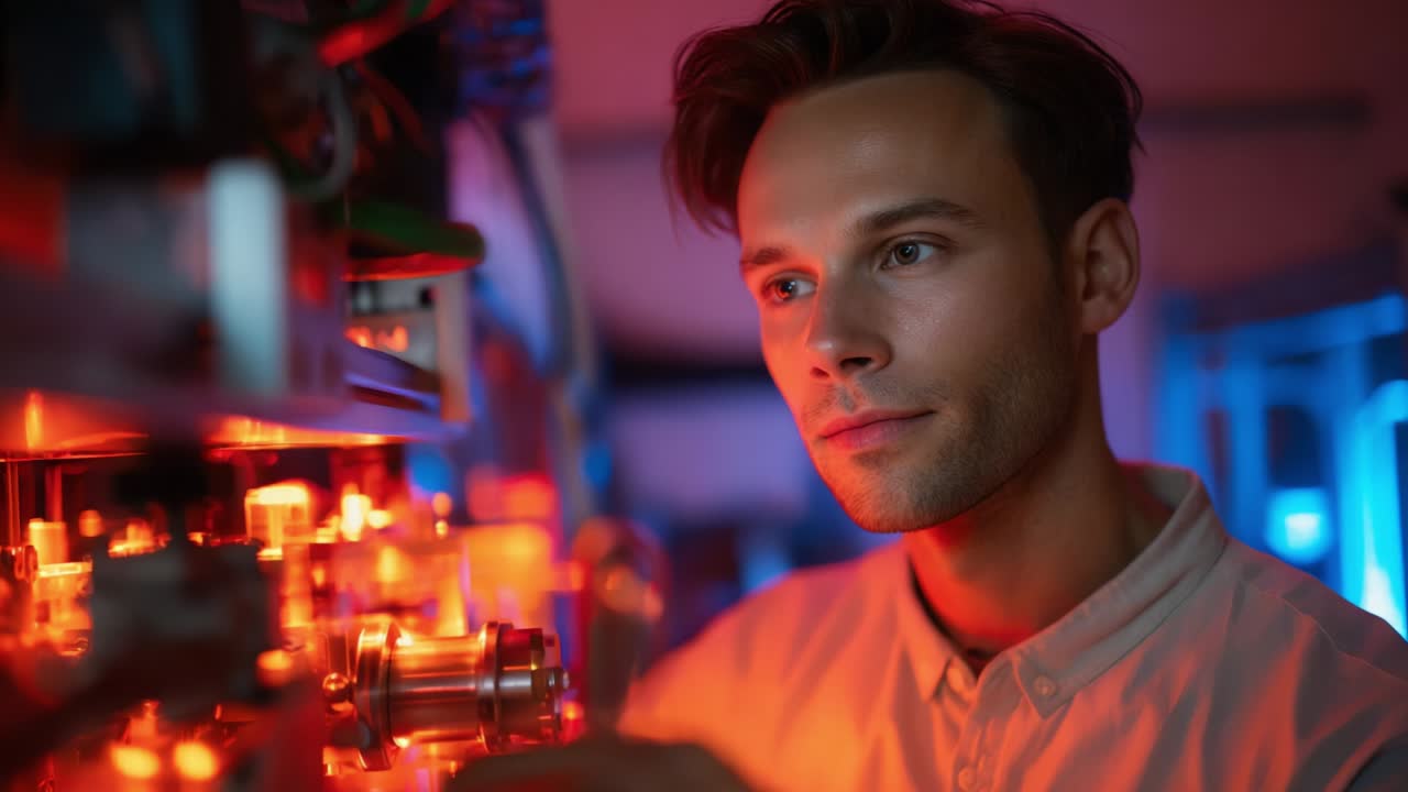 A focused technician immersed in advanced technology settings, concentrating on intricate controls and illuminated devices, showcasing a blend of innovation, precision, and dedication in the modern scientific workspace