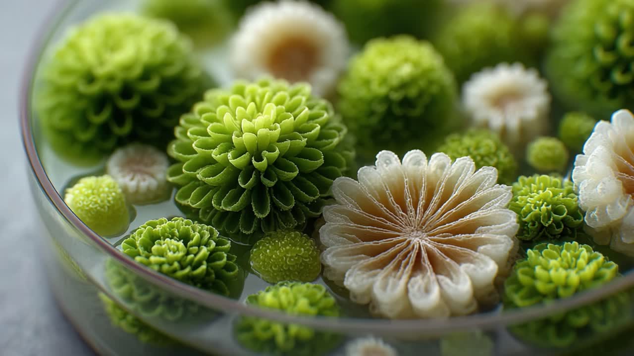 A Mesmerizing Display of Nature's Designs: Vibrant Green and Cream Flowers in a Petri Dish Showcasing Intricate Patterns and Textures