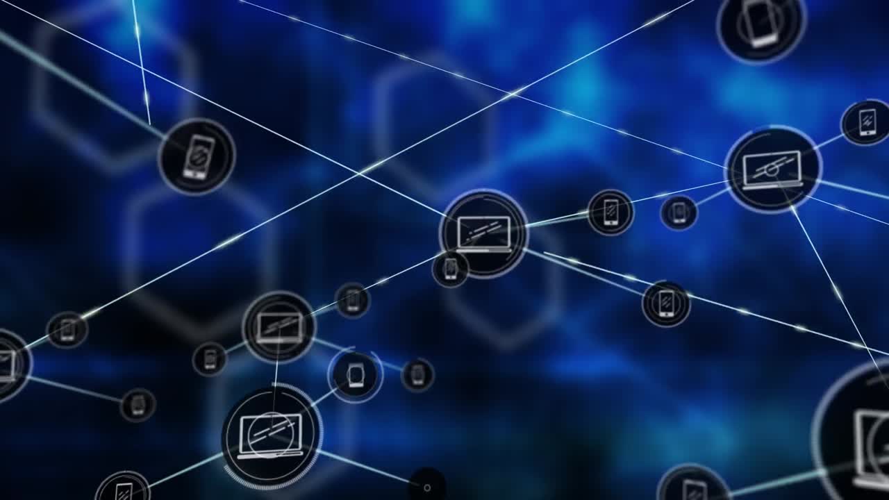 animación de la red de conexiones con iconos sobre formas sobre fondo negro